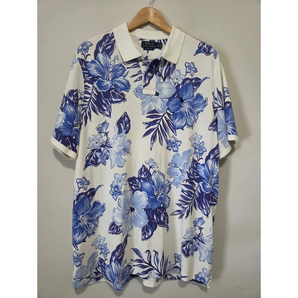 Polo Ralph Lauren Men XL Tropical Print Mesh Short Sleeve Polo Shirt 100% Cotton